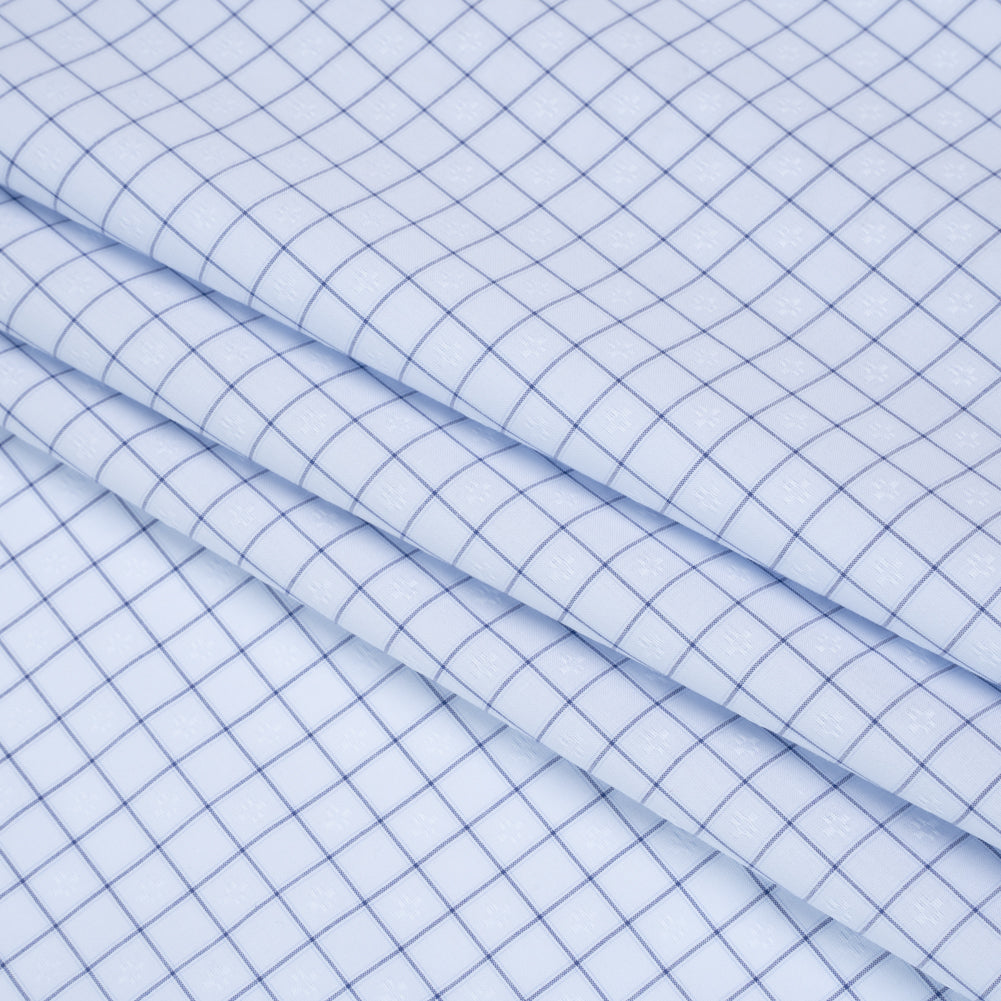 Cotton Dobby Shirting Made in Italy - Light Blue and Navy Checks and Flowers - Deadstock - Folded