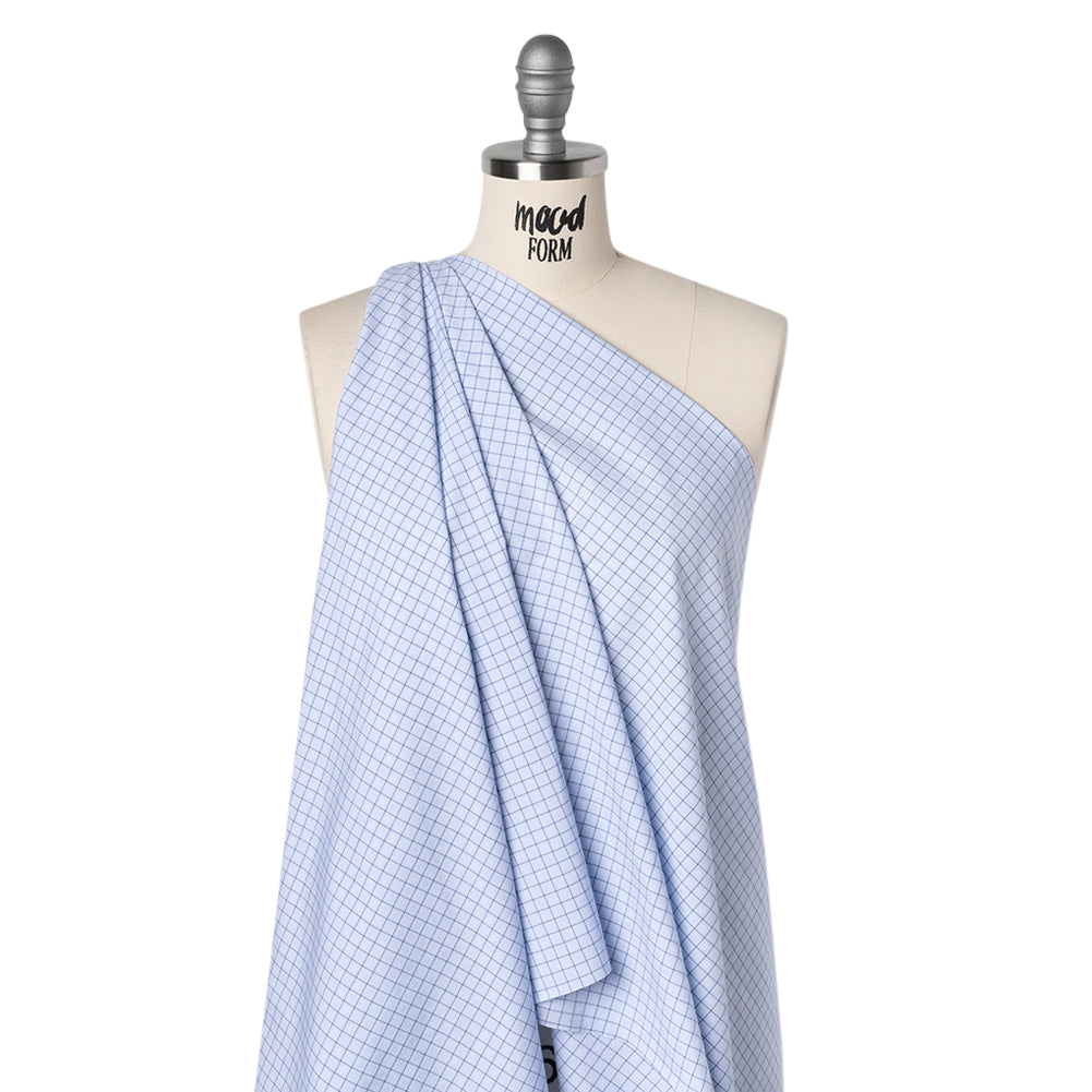 Cotton Dobby Shirting Made in Italy - Light Blue and Navy Checks and Flowers - Deadstock - Drape