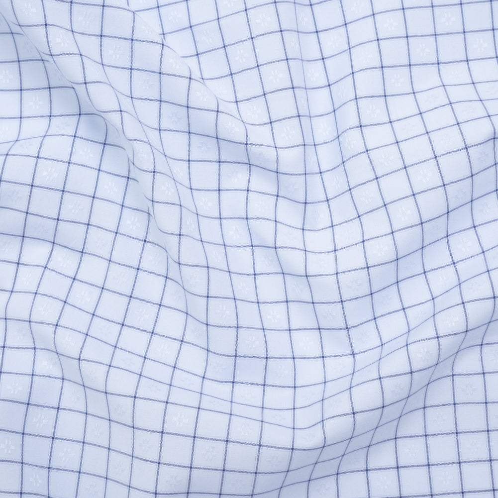 Cotton Dobby Shirting Made in Italy - Light Blue and Navy Checks and Flowers - Deadstock