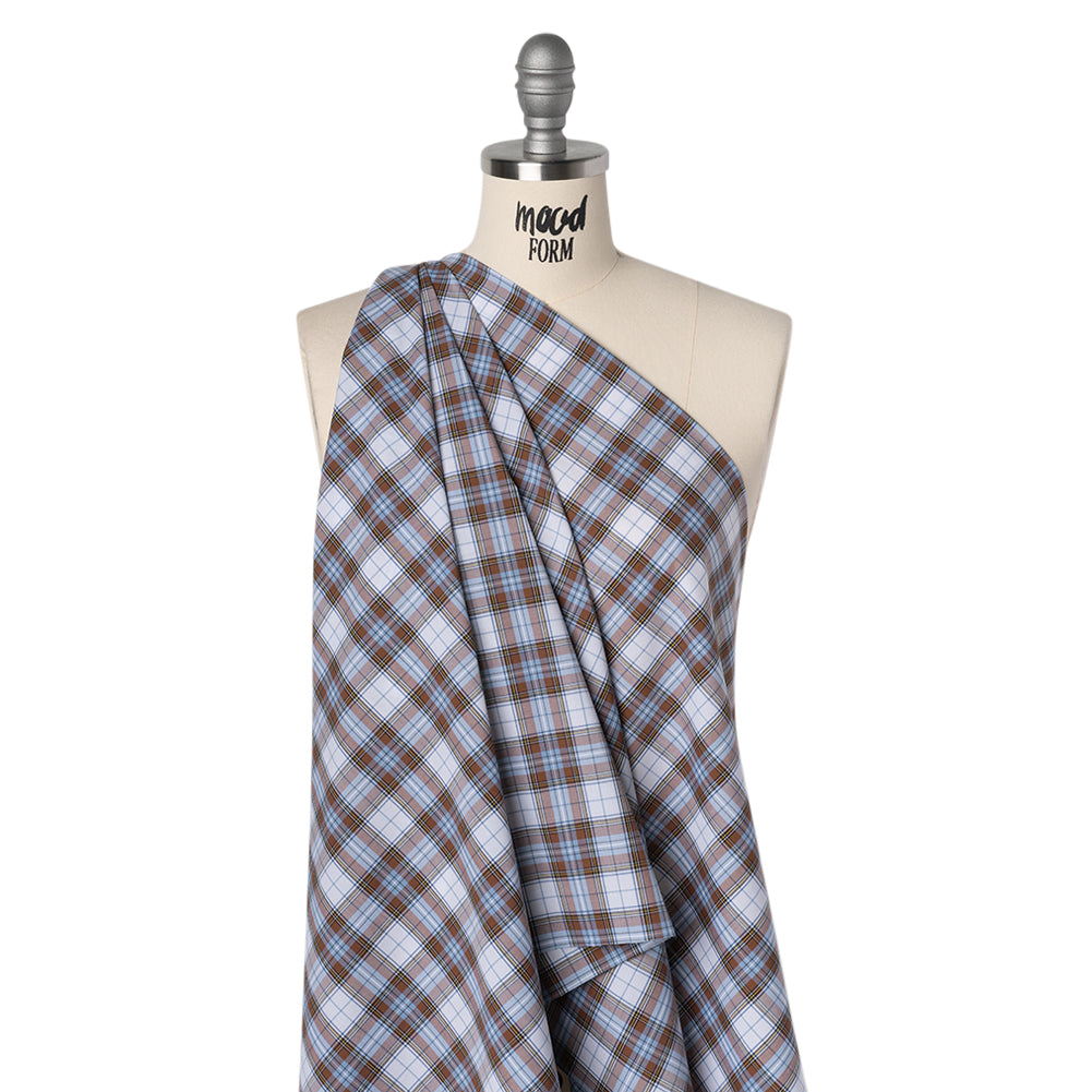 Cotton Shirting Made in Italy - Russet Brown, Country Blue and White Plaid - Designer Deadstock - Drape