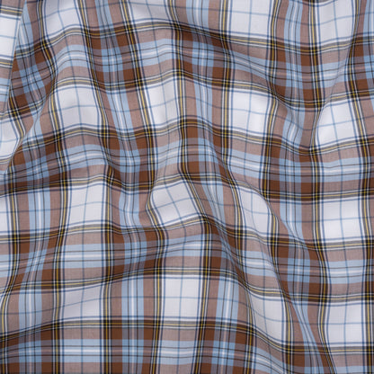 Cotton Shirting Made in Italy - Russet Brown, Country Blue and White Plaid - Designer Deadstock