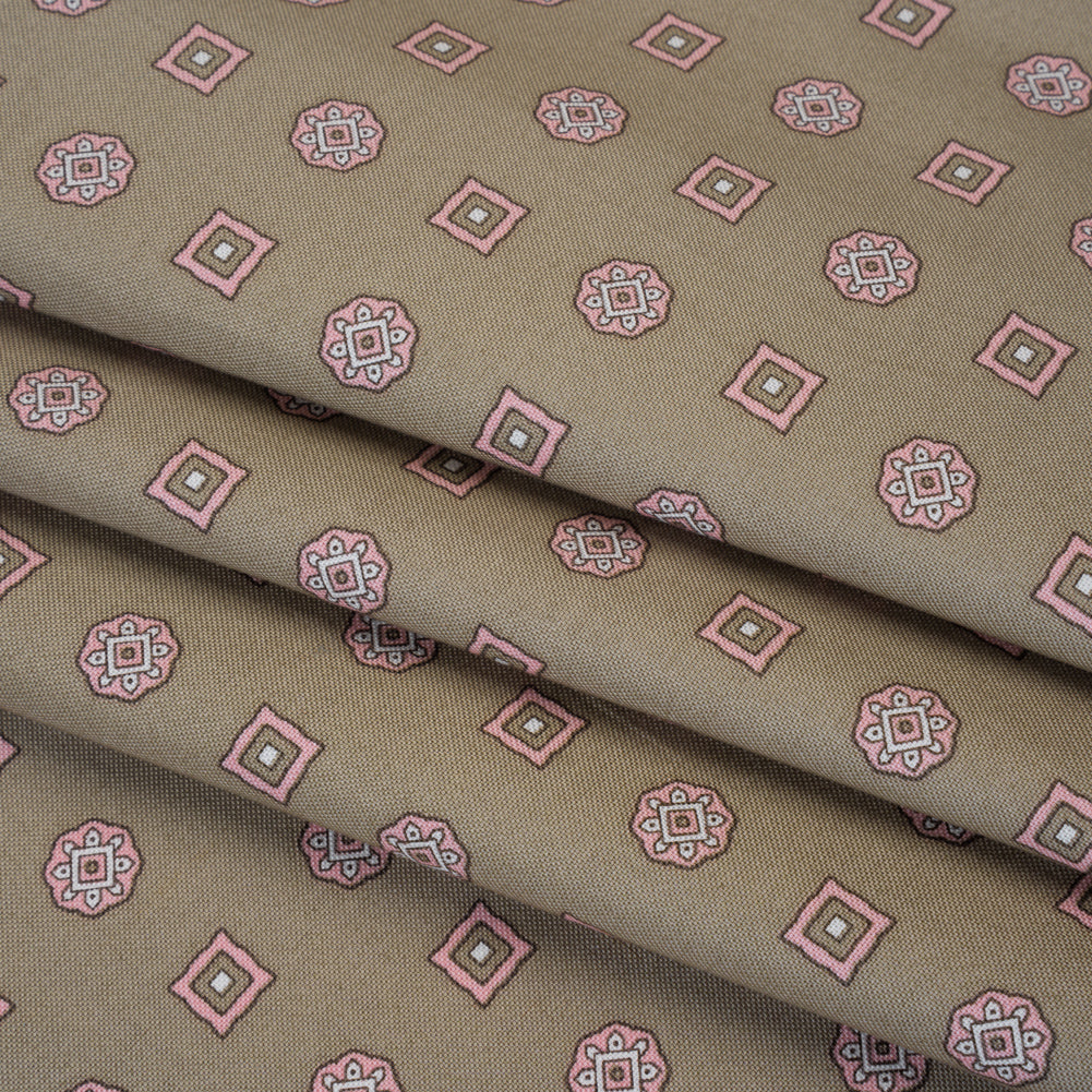 Cotton Oxford Shirting Print - Warm Gray, Baby Pink and White Medallions and Squares - Deadstock - Folded