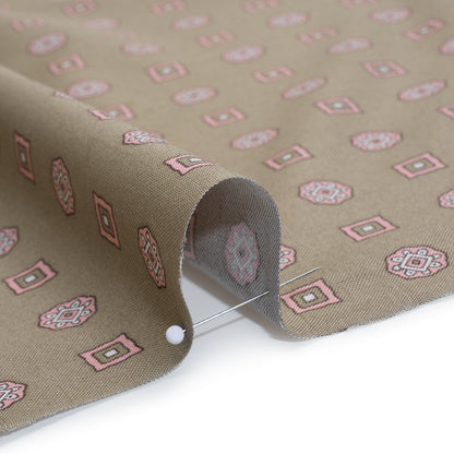 Cotton Oxford Shirting Print - Warm Gray, Baby Pink and White Medallions and Squares - Deadstock