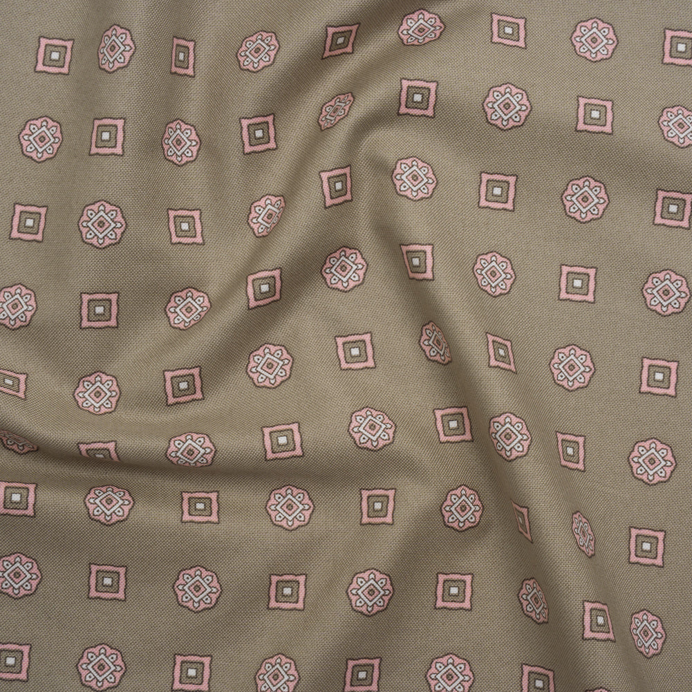 Cotton Oxford Shirting Print - Warm Gray, Baby Pink and White Medallions and Squares - Deadstock