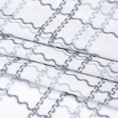 Cotton Jacquard Shirting - Charcoal, Pale Blue and White Wavy Lines Plaid - Deadstock