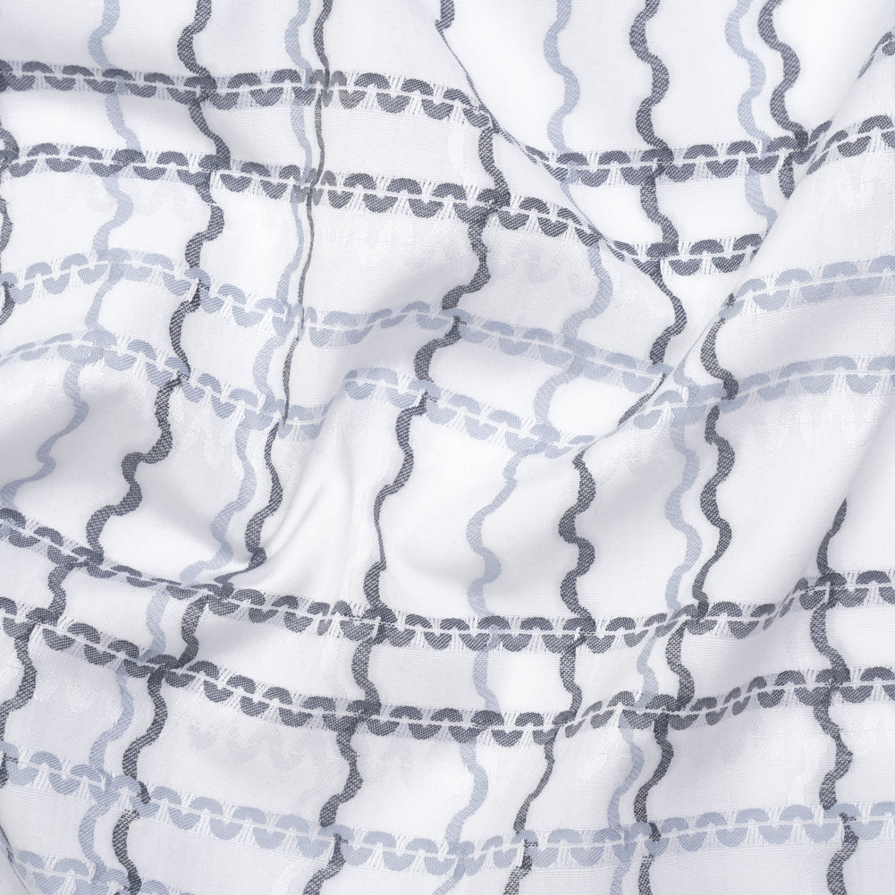 Cotton Jacquard Shirting - Charcoal, Pale Blue and White Wavy Lines Plaid - Deadstock