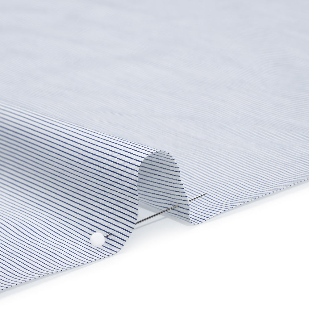Stretch Cotton Blend Shirting Made in Italy - Charcoal Navy and White Pinstripes - Designer Deadstock - Detail