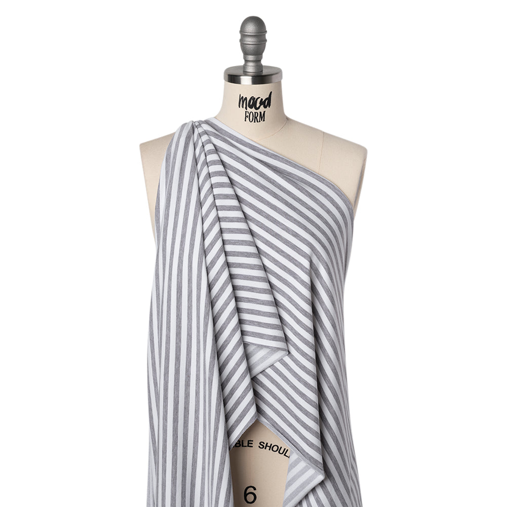Stretch Cotton French Terry - Heathered Gray and White Stripes - Deadstock - Drape