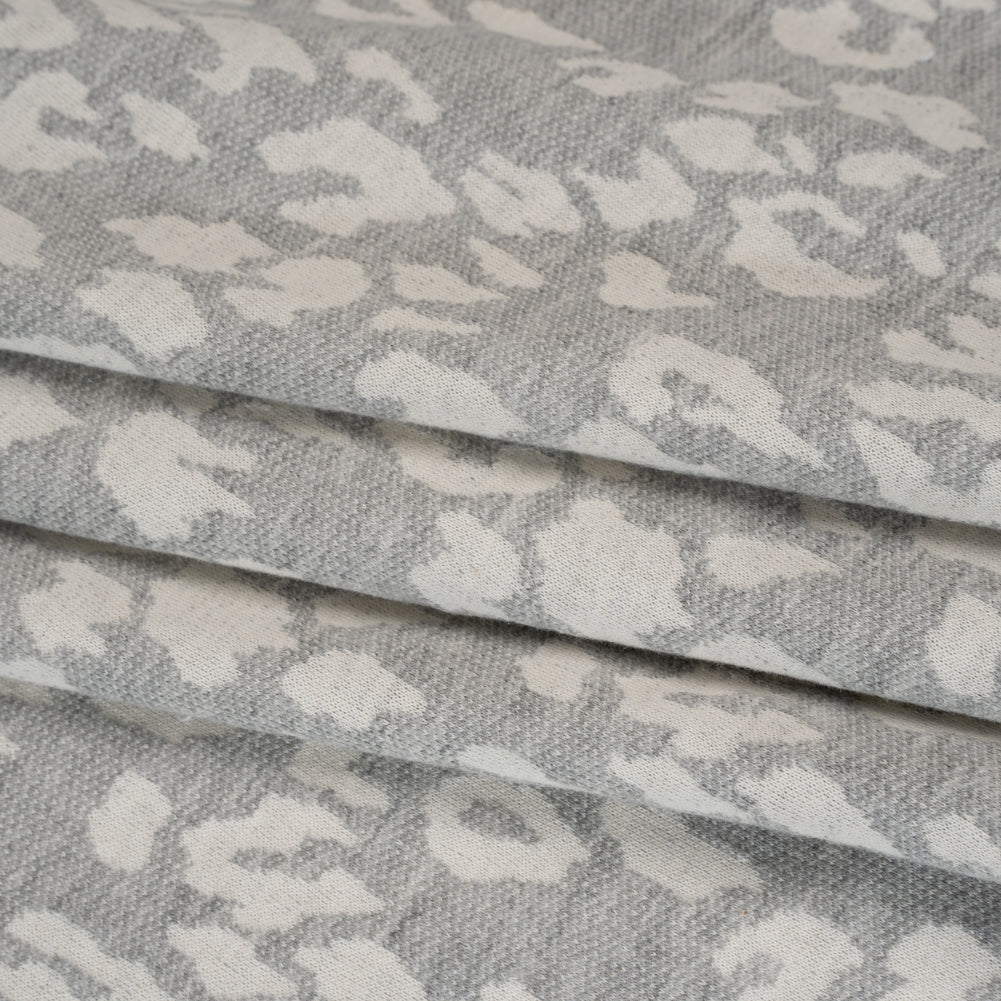 Cotton and Polyester Jacquard Knit French Terry - Heathered Gray and Ivory Leopard Spots - Deadstock - Folded