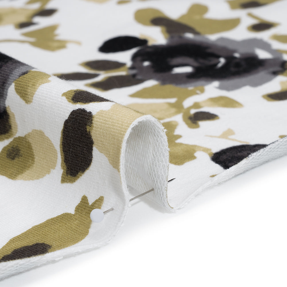 Stretch Cotton French Terry - Olive, Black and White Abstract Roses Print - Deadstock - Detail