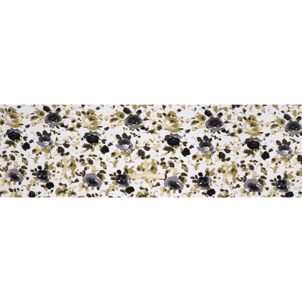 Stretch Cotton French Terry - Olive, Black and White Abstract Roses Print - Deadstock - Full