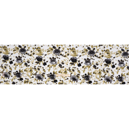 Stretch Cotton French Terry - Olive, Black and White Abstract Roses Print - Deadstock