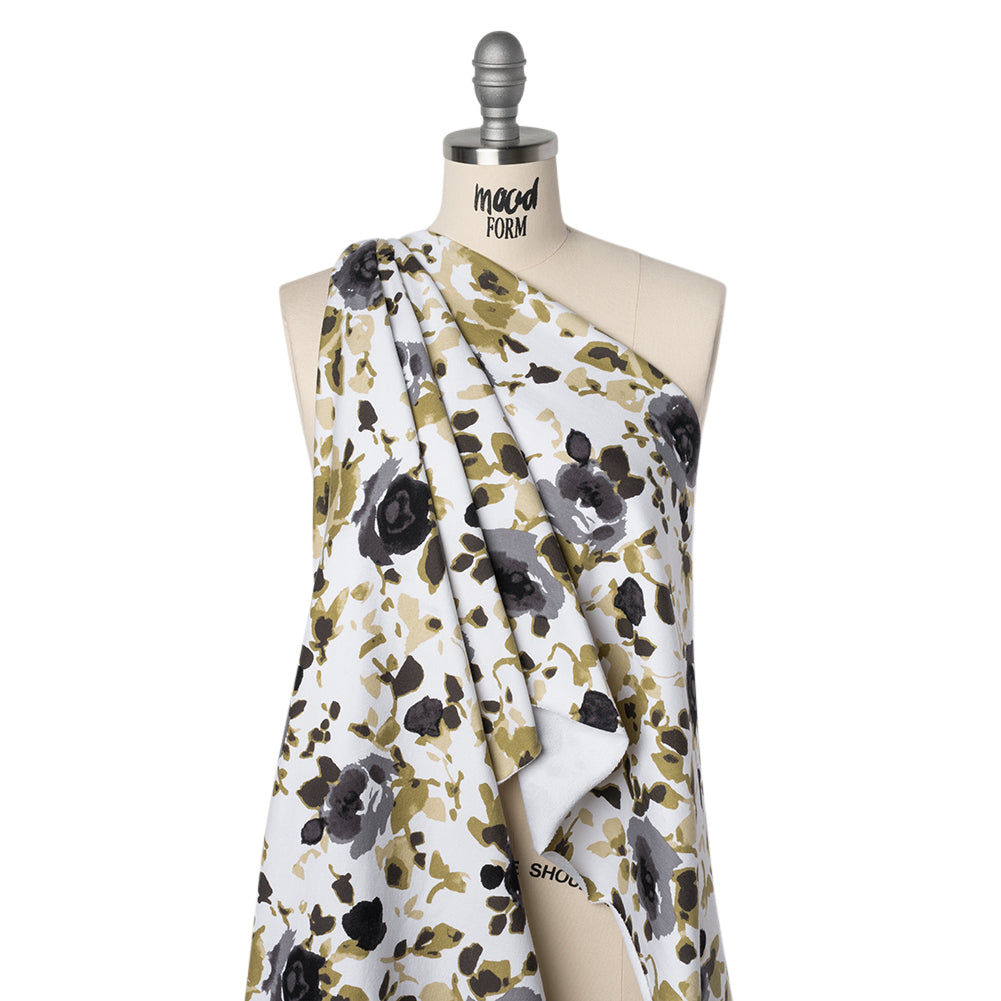 Stretch Cotton French Terry - Olive, Black and White Abstract Roses Print - Deadstock - Drape