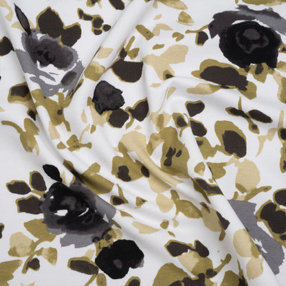 Stretch Cotton French Terry - Olive, Black and White Abstract Roses Print - Deadstock
