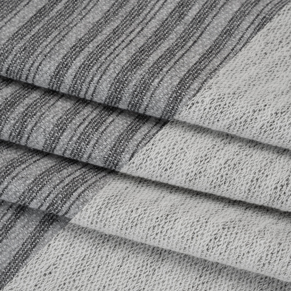 Cotton Blend French Terry - Heathered Light Gray and Charcoal Gradient Stripes - Deadstock - Folded