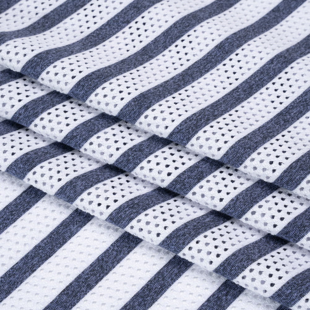 Stretch Polyester Jersey Knit Mesh - White Mesh and Heathered Navy Stripes - Deadstock - Folded