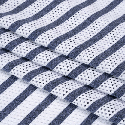 Stretch Polyester Jersey Knit Mesh - White Mesh and Heathered Navy Stripes - Deadstock
