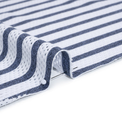 Stretch Polyester Jersey Knit Mesh - White Mesh and Heathered Navy Stripes - Deadstock