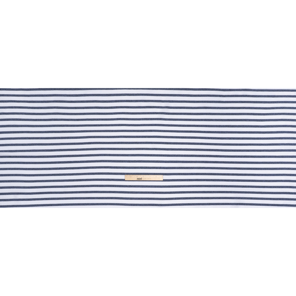 Stretch Polyester Jersey Knit Mesh - White Mesh and Heathered Navy Stripes - Deadstock - Full