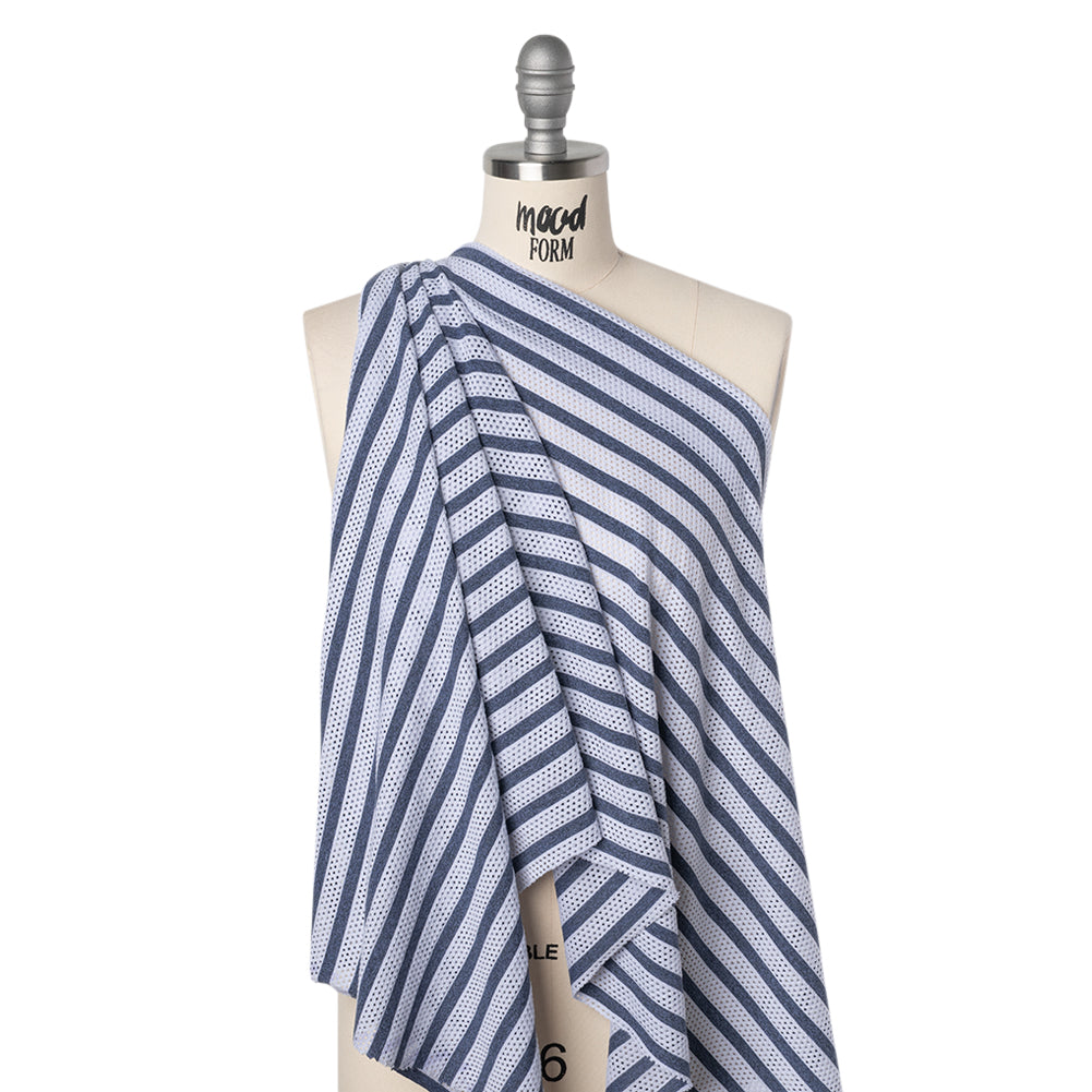 Stretch Polyester Jersey Knit Mesh - White Mesh and Heathered Navy Stripes - Deadstock - Drape
