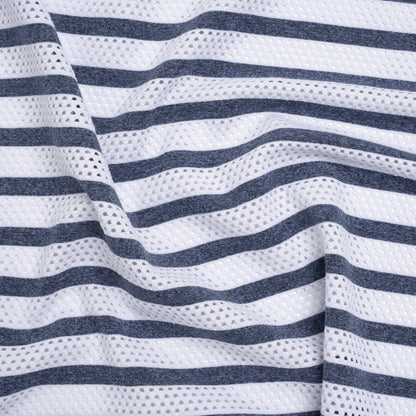 Stretch Polyester Jersey Knit Mesh - White Mesh and Heathered Navy Stripes - Deadstock