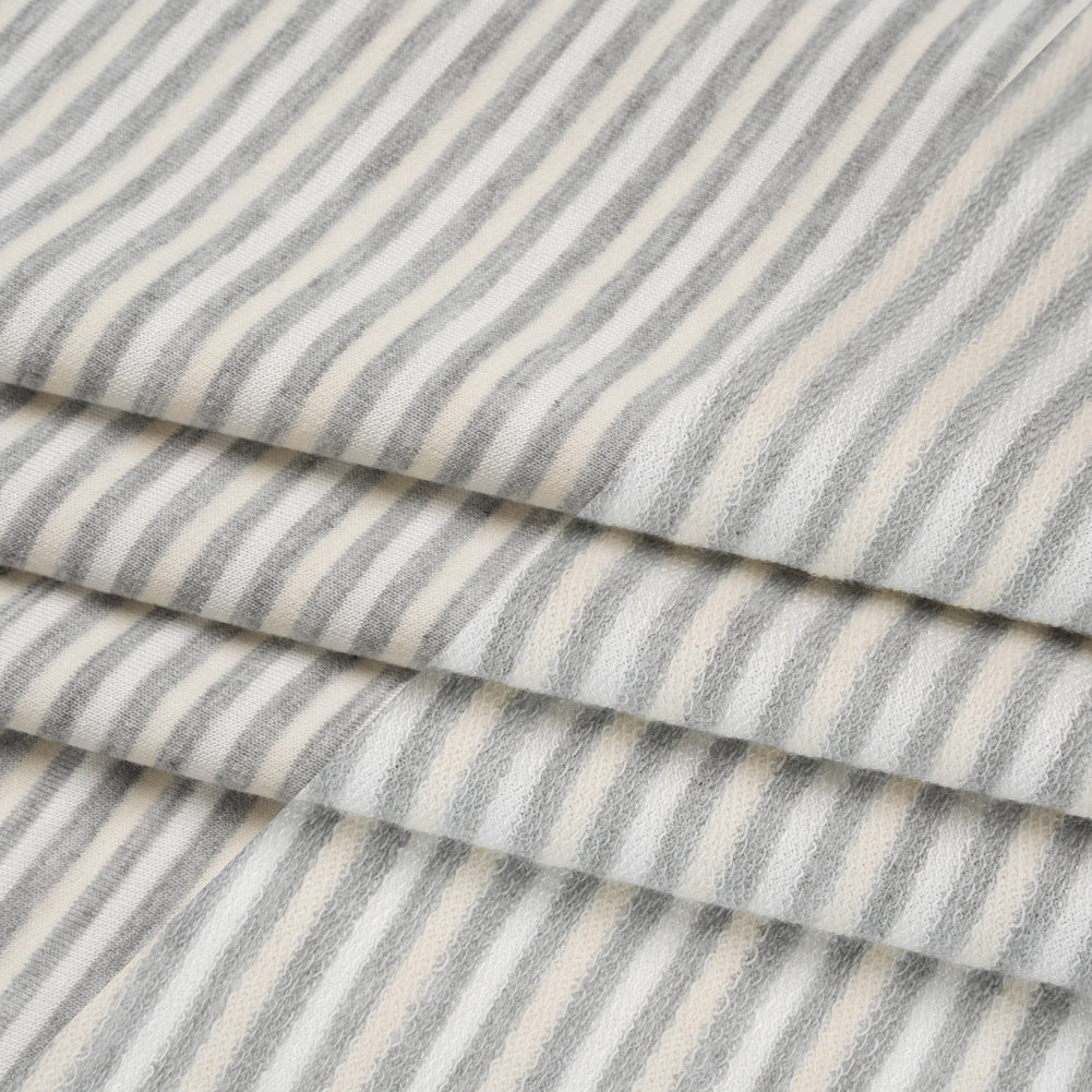 Polyester French Terry - Heathered Gray, Cream and White Stripes - Deadstock - Folded