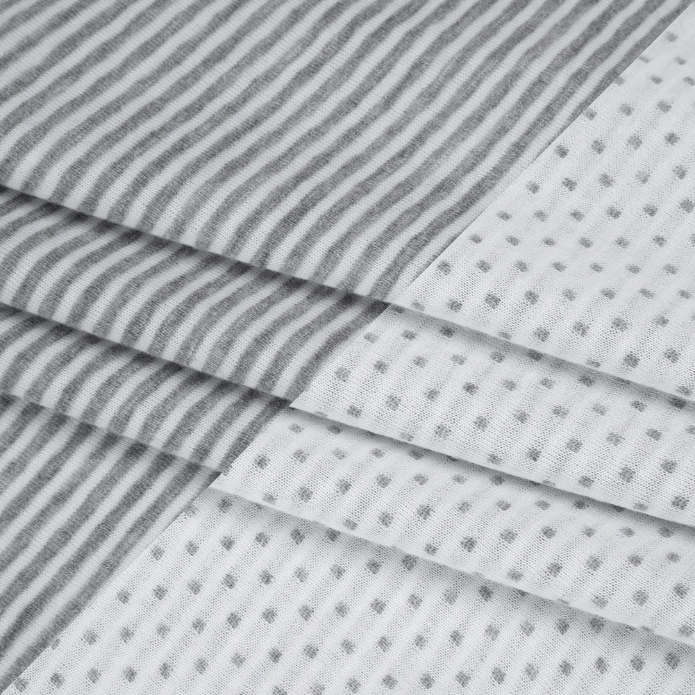 Rayon and Polyester Double Knit Jersey - Gray and White Stripes and Polka Dots - Deadstock - Folded