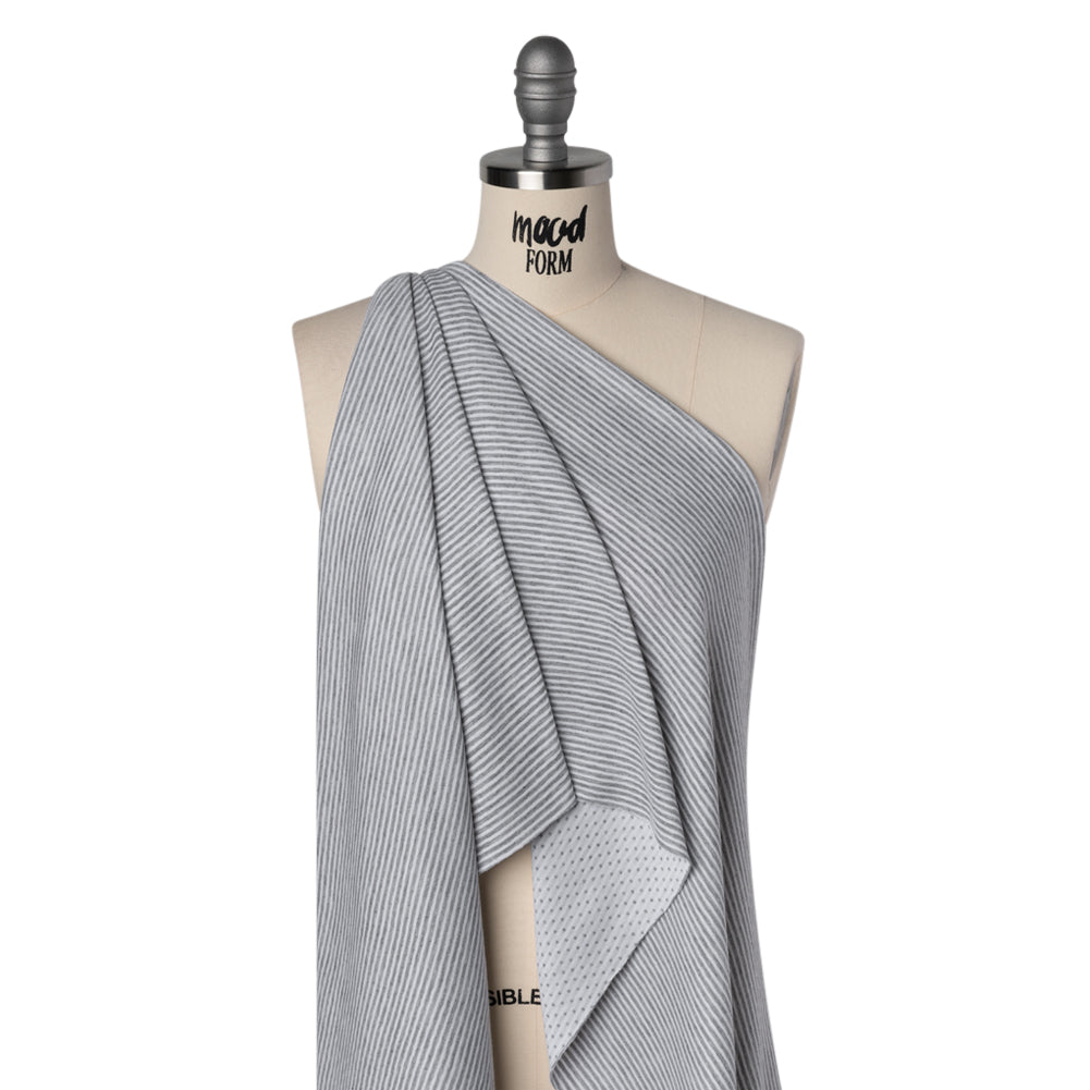 Rayon and Polyester Double Knit Jersey - Gray and White Stripes and Polka Dots - Deadstock - Drape