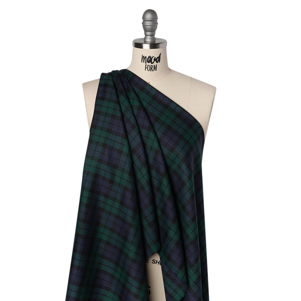 Virgin Wool Twill Made in Italy - Blue and Green Black Watch Plaid - Drape