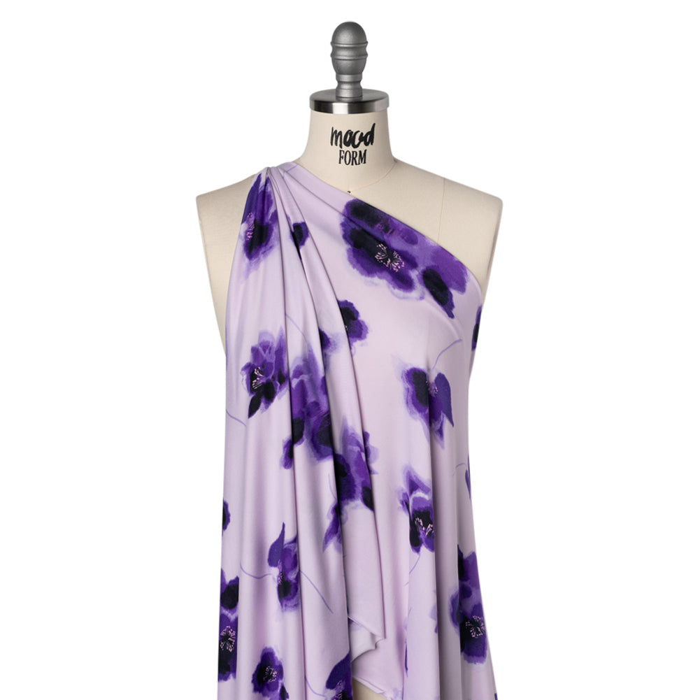 Stretch Polyester ITY Jersey - Purple and Lilac Painterly Florals - Deadstock - Drape
