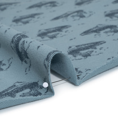 Cotton Pique Knit Print - Navy and Dusty Blue Whales - Deadstock