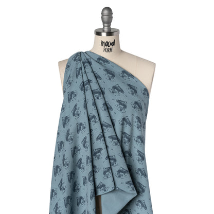 Cotton Pique Knit Print - Navy and Dusty Blue Whales - Deadstock