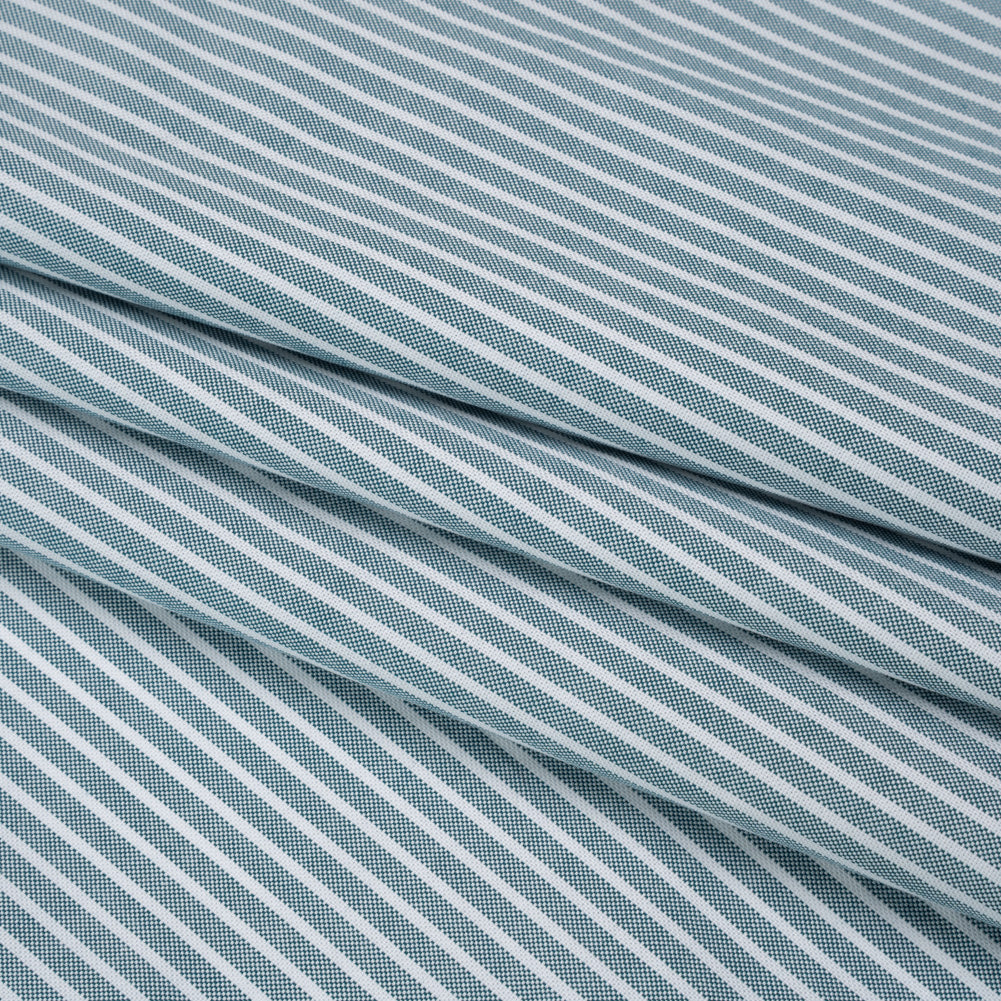 Cotton Oxford Shirting - Spruce Green and White Stripes - Designer Deadstock - Folded