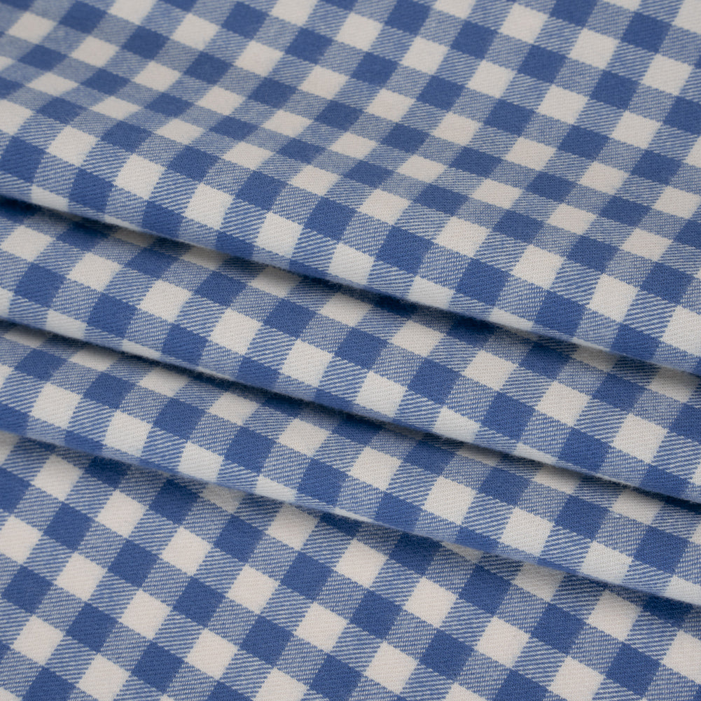 Brushed Cotton Twill Shirting - Blue and Cream Gingham Check - Designer Deadstock - Folded