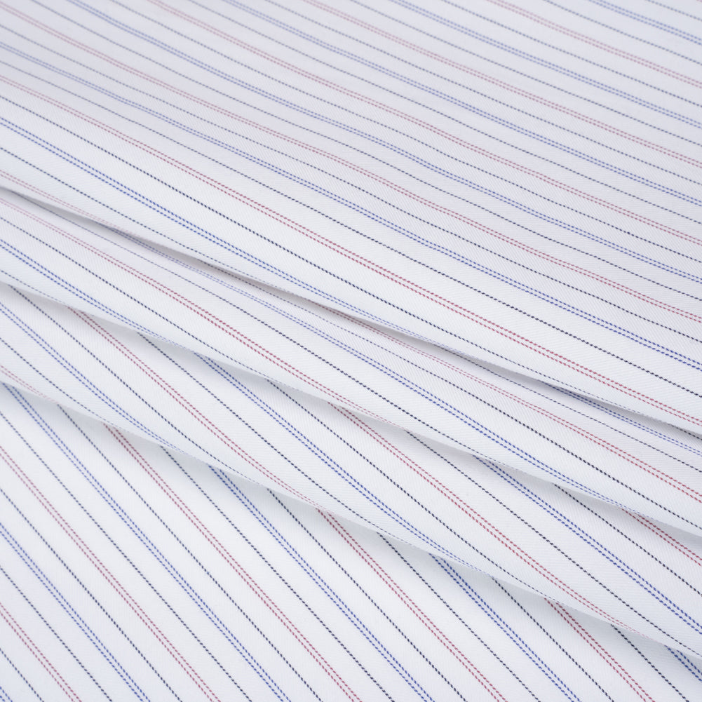 Cotton Herringbone Twill Shirting - White, Blue and Red Pinstripes - Deadstock - Folded