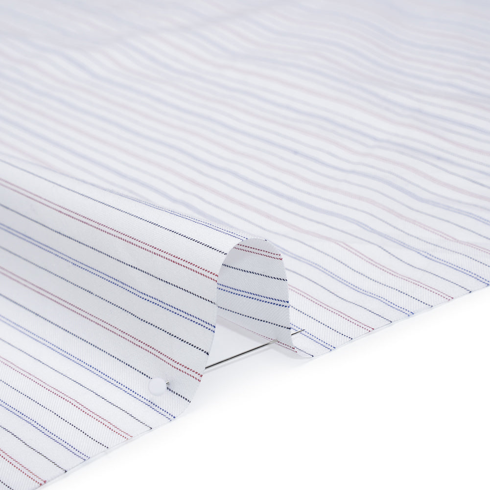 Cotton Herringbone Twill Shirting - White, Blue and Red Pinstripes - Deadstock - Detail