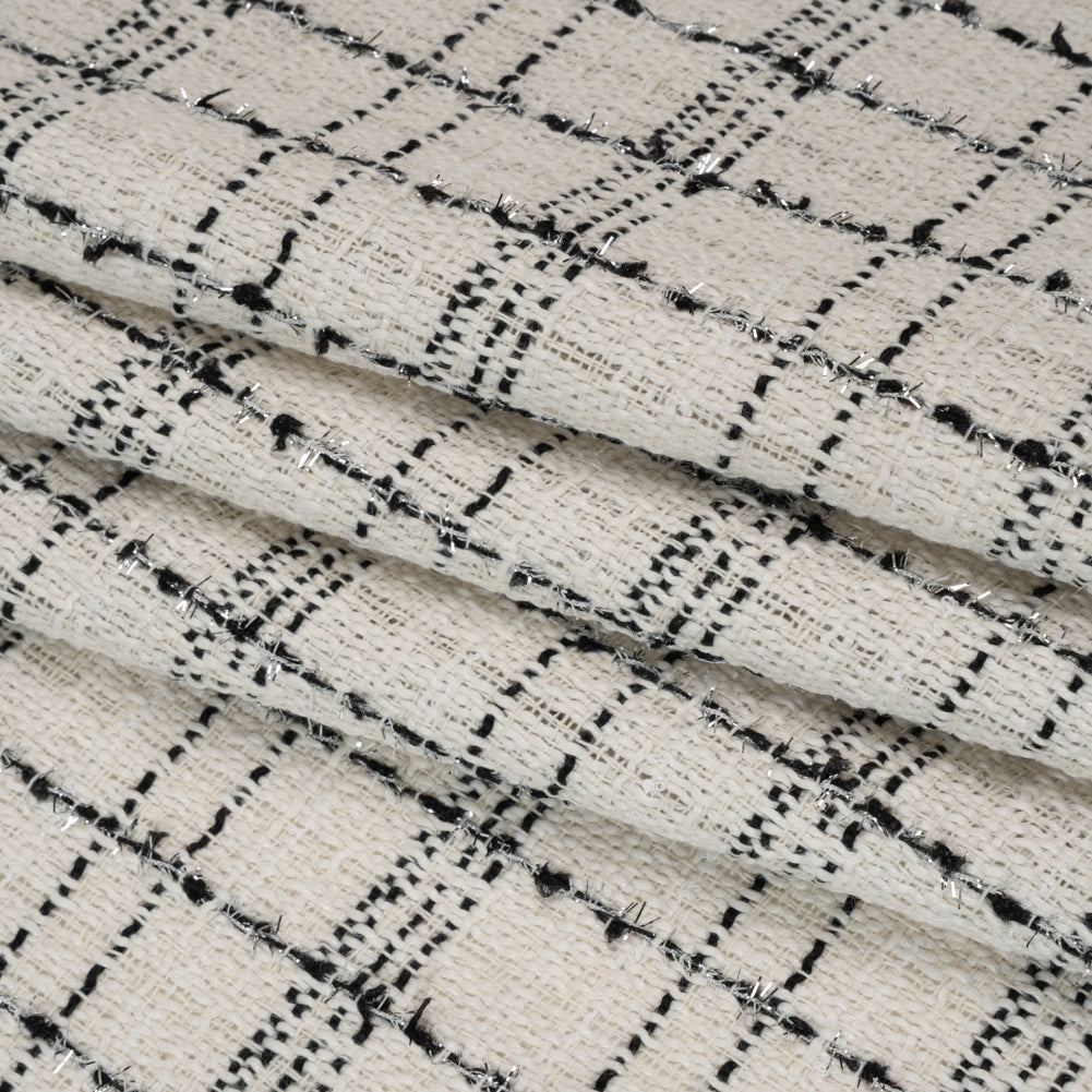 Polyester Tweed with Metallic Eyelash Fringe - Cream, Black and Silver Plaid - Deadstock Folded