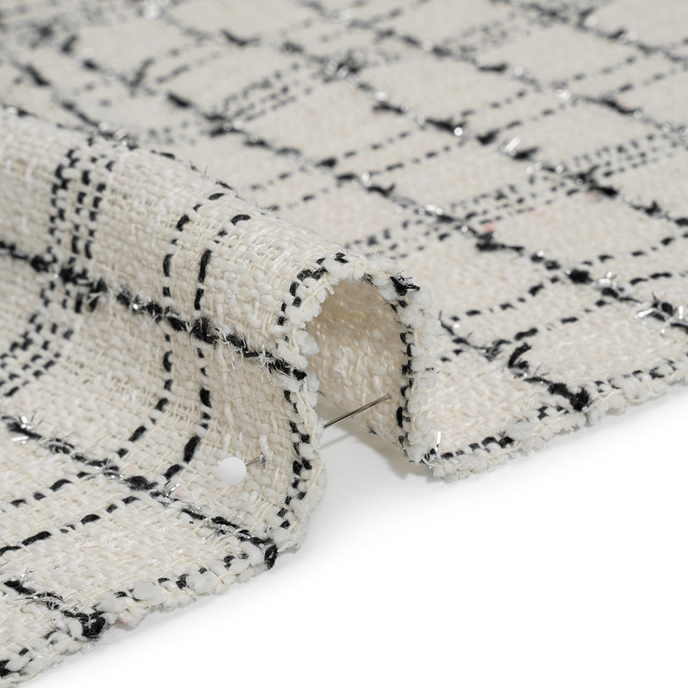 Polyester Tweed with Metallic Eyelash Fringe - Cream, Black and Silver Plaid - Deadstock Detail