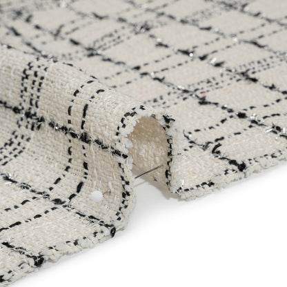Polyester Tweed with Metallic Eyelash Fringe - Cream, Black and Silver Plaid - Deadstock Detail