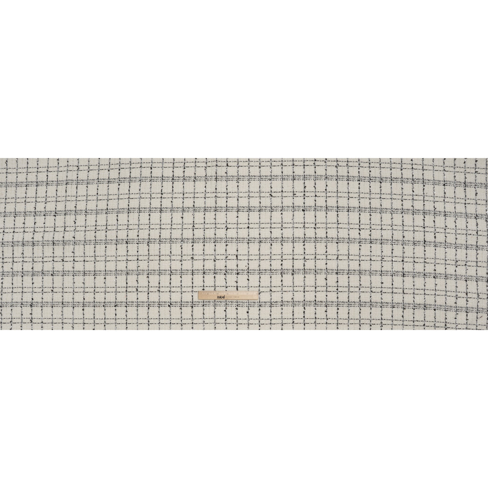 Polyester Tweed with Metallic Eyelash Fringe - Cream, Black and Silver Plaid - Deadstock - Full