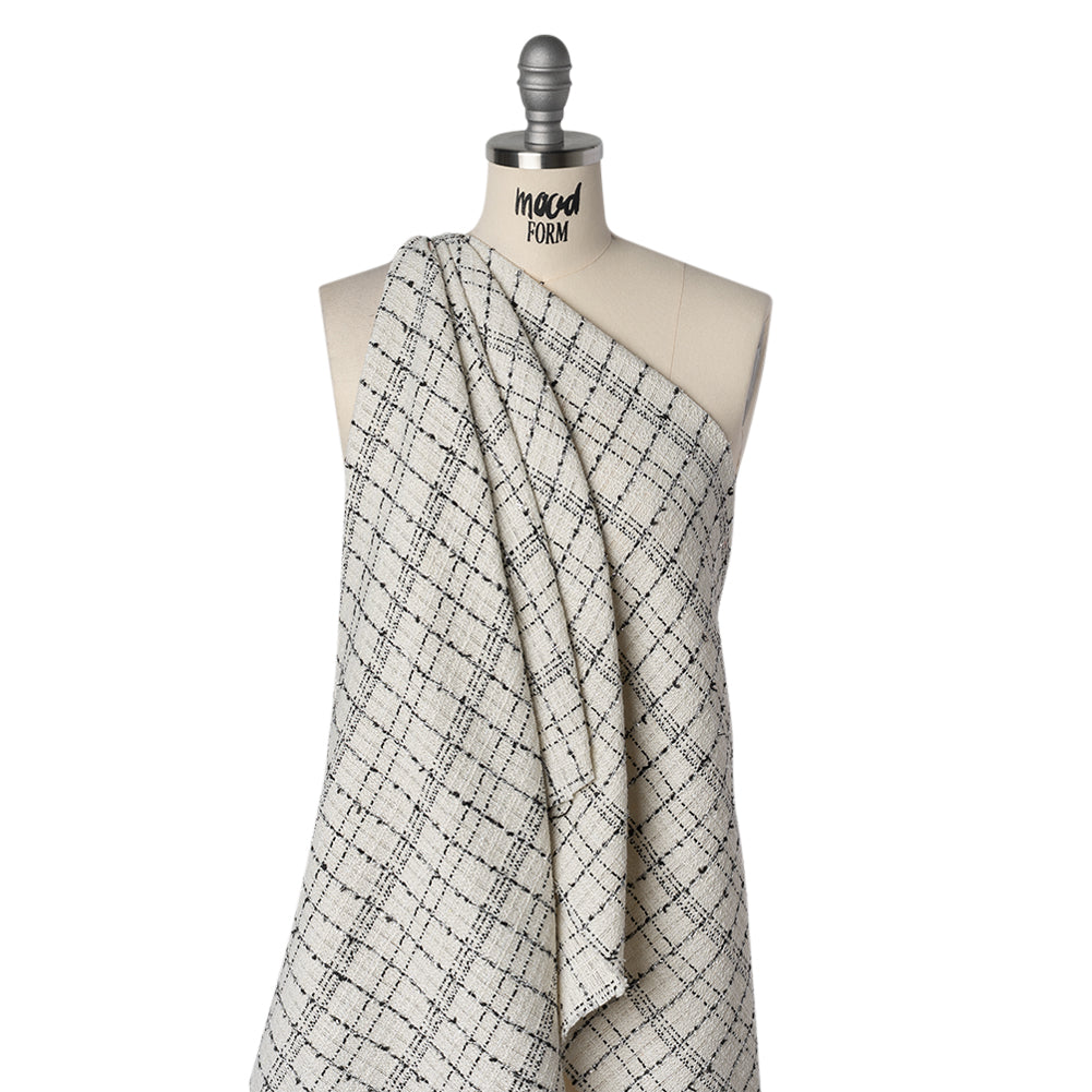 Polyester Tweed with Metallic Eyelash Fringe - Cream, Black and Silver Plaid - Deadstock Drape