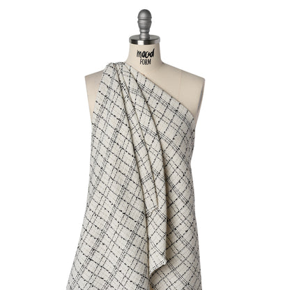 Polyester Tweed with Metallic Eyelash Fringe - Cream, Black and Silver Plaid - Deadstock Drape