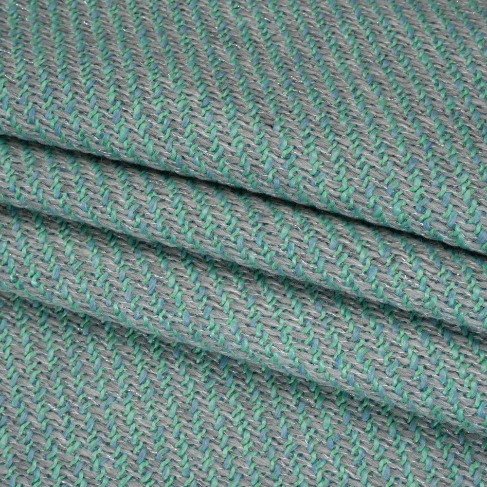 Metallic Wool and Polyester Tweedy Twill - Silvery Gray, Sea Green and Light Blue - Deadstock Folded