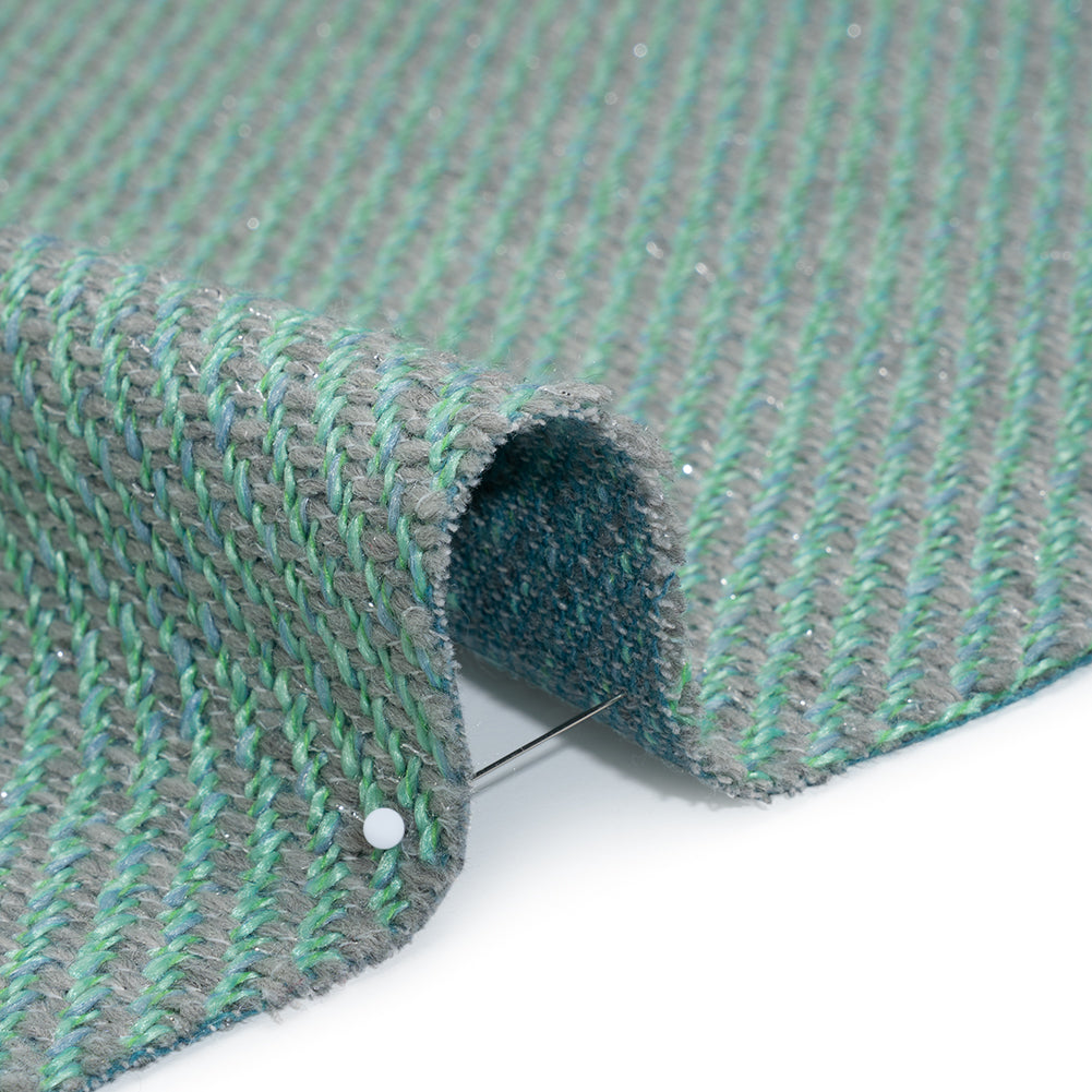 Metallic Wool and Polyester Tweedy Twill - Silvery Gray, Sea Green and Light Blue - Deadstock Detail