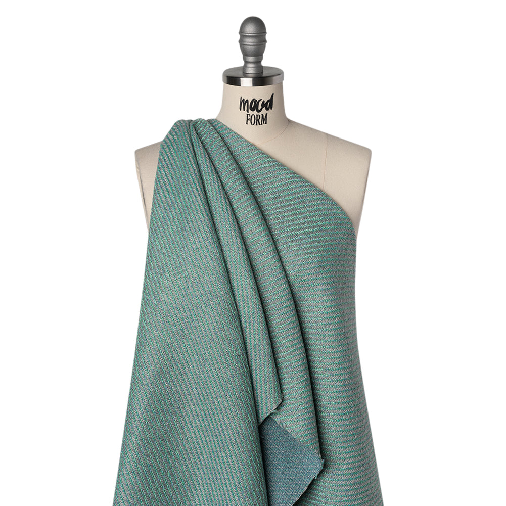 Metallic Wool and Polyester Tweedy Twill - Silvery Gray, Sea Green and Light Blue - Deadstock Drape