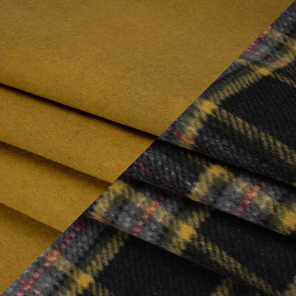 Brushed Wool Blend Double Cloth Coating - Mustard Yellow, Dark Gray and Red Plaid - Deadstock Folded