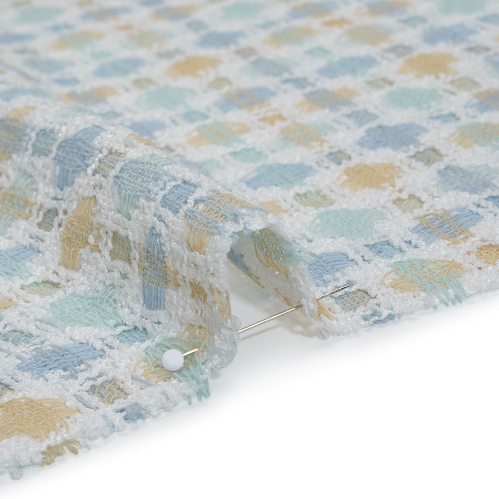 Polyester Boucle Tweed - Baby Blue, Pale Beige and White Plaid - Deadstock Detail