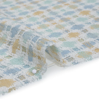 Polyester Boucle Tweed - Baby Blue, Pale Beige and White Plaid - Deadstock Detail