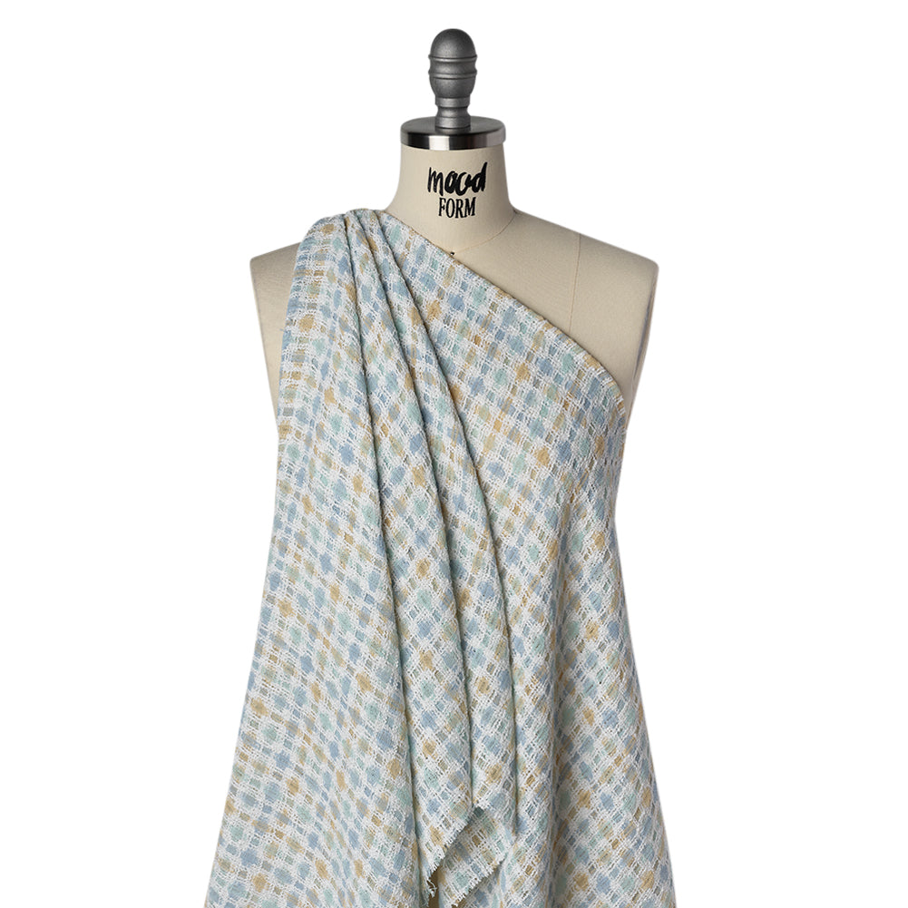 Polyester Boucle Tweed - Baby Blue, Pale Beige and White Plaid - Deadstock Drape