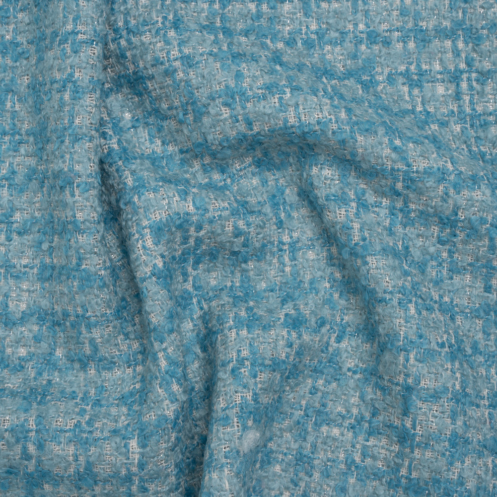 Wool Blend Boucle Tweed - Pale Blue, Sky and White Check - Deadstock
